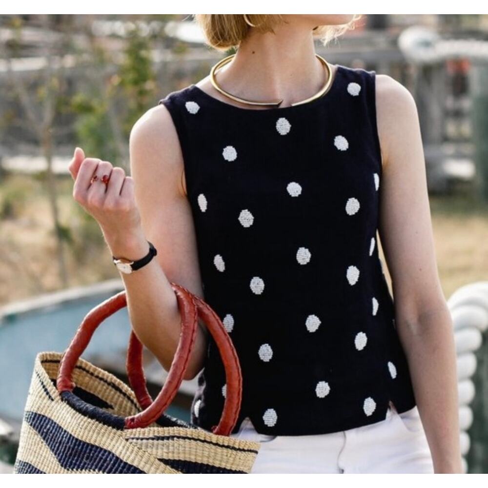 Odille - Blue Linen Polka Doy Beaded Tank Top / 4